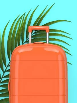 3d render of suitcase with palm leaf over blue background Fotos de archivo