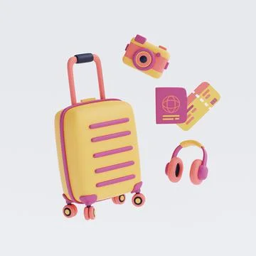 3d render of suitcase surrounded by camera,headphone and passport,Tourism and Stock Illustration