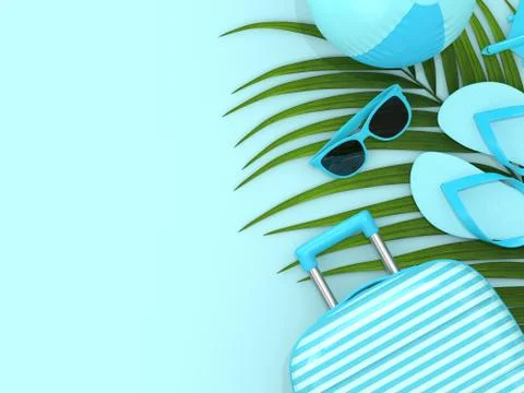 3d render of suitcase with vacation stuff over blue background Illustrazione stock