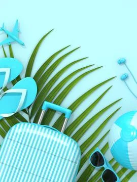 3d render of suitcase with vacation stuff over blue background Stock Illustration