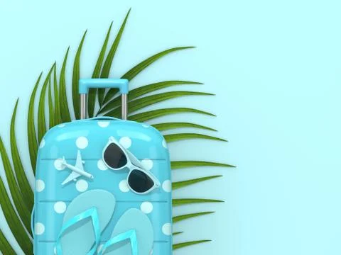 3d render of suitcase with vacation stuff over blue background Illustrazione stock