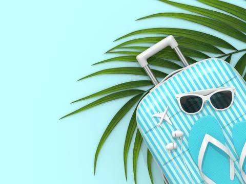 3d render of suitcase with vacation stuff over blue background Stock Illustration