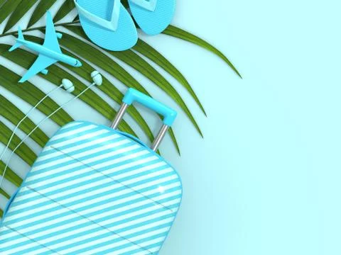 3d render of suitcase with vacation stuff over blue background Illustrazione stock