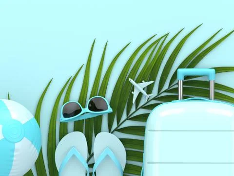 3d render of suitcase with vacation stuff over blue background Stock Illustration