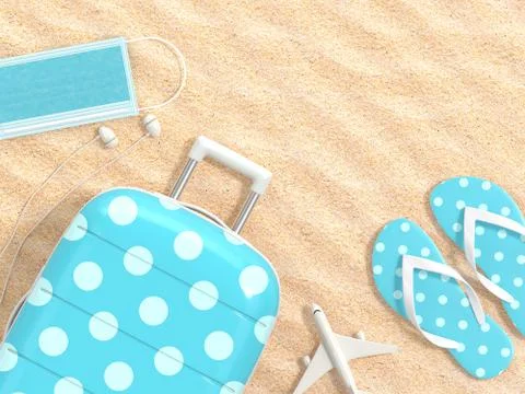 3d render of suitcase, vacation stuff and protective masks Illustrazione stock