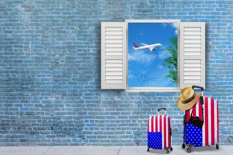 A 3D render of suitcases painted in USA flag colors with a summer hat and a c Stock Illustration