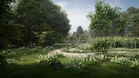 3d render of Summer forest, road, flowers, sunflowers Stock Illustration