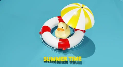 3d render. summer marine composition. rubber duck. lifebuoy. beach umbrella f Stock Illustration