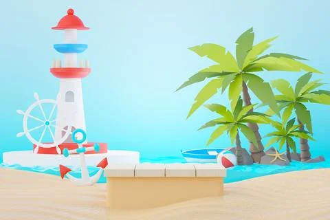 3d render Summer sale podium stand for showing product. Beach Vacations Sce.. Stock Illustration