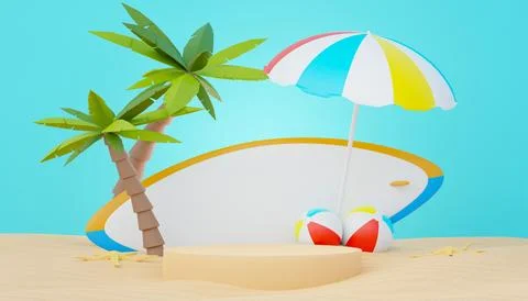 3d render Summer sale podium stand for showing product. Beach Vacations Sce.. Stock Illustration