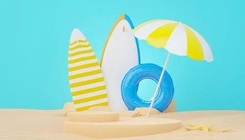 3d render Summer sale podium stand for showing product. Beach Vacations Sce.. Stock Illustration