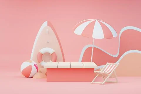 3d render Summer sale podium stand for showing product. Beach Vacations Sce.. Stock Illustration