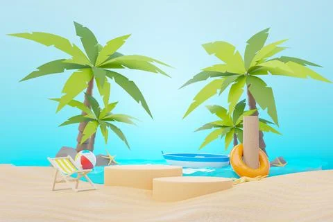 3d render Summer sale podium stand for showing product. Beach Vacations Sce.. Stock Illustration