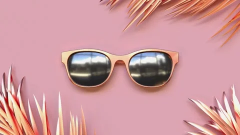 3D Render Sunglasses Pink Background Green Coconut Leaf Shadows Stock Footage 330478399