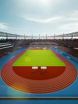 3D render of sunlit stadium filled with spectators, showcasing an athletic track Stock Illustration
