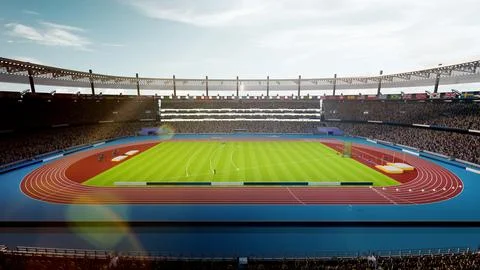 3D render of sunlit stadium filled with spectators, showcasing an athletic track Stock Illustration
