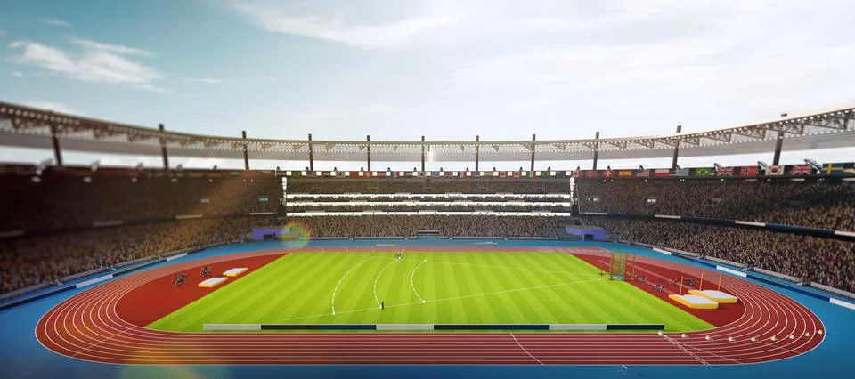 3D render of sunlit stadium filled with spectators, showcasing an athletic track イラスト素材