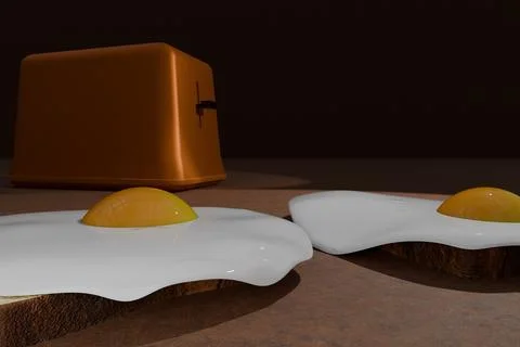 3d render of sunny side up eggs and toast with copper toaster in background Stock Illustration