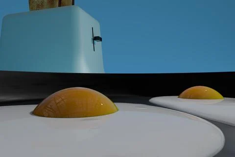 3d render of sunny side up eggs in cast iron frying pan with toaster in bac.. Stock Illustration
