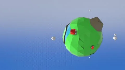 3d render. The surface of abstract low-poly planet settling slowly, evoking Stock Illustration