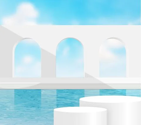 3d render, Surreal  landscape with white wall and pool with the blue sky. Mod 库存插图