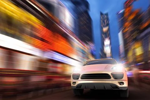 3D render of a SUV at high speed in Times square Stock Illustration