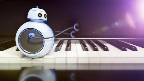 3d render of a sweet little robot runing over piano key Stock Illustration