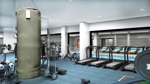 3D Render of Swimming Pool and Fitness Saloon Stock Illustration