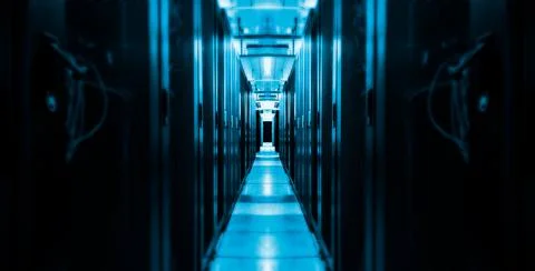 3D render symmetrical room of the data center with rows of supercomputers , the Stock Illustration