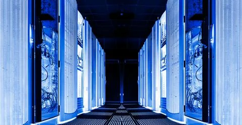 3D render symmetrical room of the data center with rows of supercomputers Stock Illustration