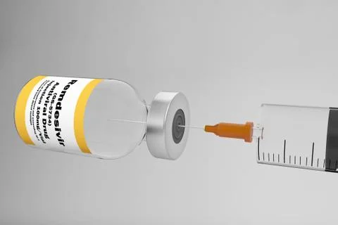 3D RENDER with a syringe and a container bottle antiviral drug remdesivir GS- Иллюстрация