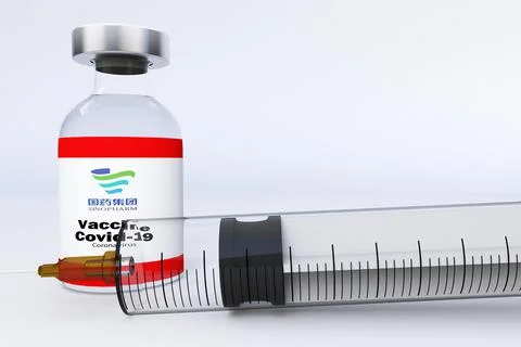 3D RENDER with a syringe and a container bottle with China vaccine SINOPHARM Stock Illustration