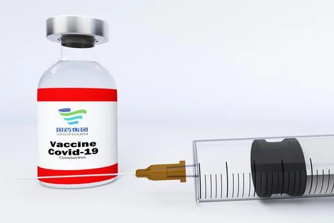 3D RENDER with a syringe and a container bottle with China vaccine SINOPHARM Stock Illustration