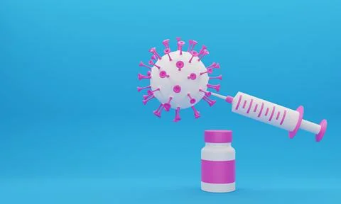 3D render of a syringe with covid-19 vaccine killing life-threatening virus. Illustrazione stock