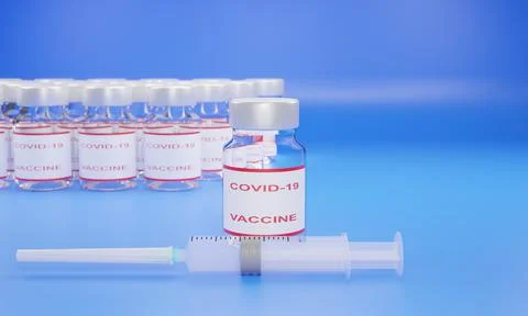 3D render of a syringe with a needle and covid-19 vaccine in a glass ampoule. Stock Illustration