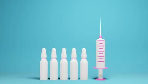 3D render of a syringe with a needle and glass ampoules. 스톡 일러스트