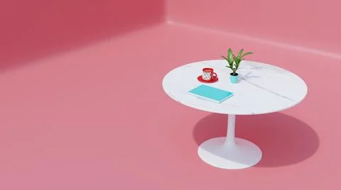 A 3D render of a table with a coffee cup, notebook and a houseplant on a pink Stock Illustration