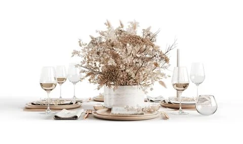 3D render of a table setting with dried flowers in a vase, plates, glasses, and Stock Photos