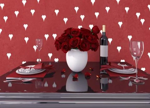 3d render of Table for two for Valentines day with red roses and hearts Illustrazione stock
