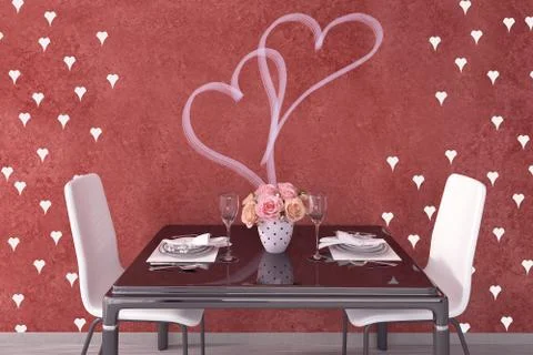 3d render of Table for two for Valentines day with pink roses and hearts Stock Illustration