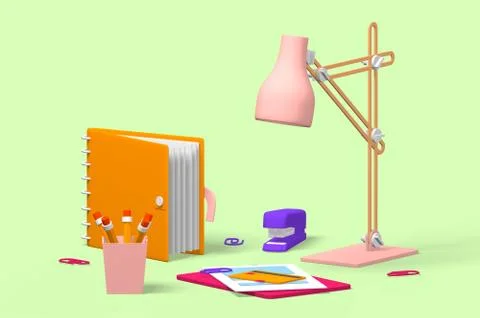 3d render table for work with lamp, notebook, card, document. Stock Illustration