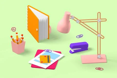 3d render table for work with lamp, notebook, card, document. Stock Illustration