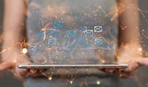 3d render of tablet in hands has many of emails connected on it Foto stock