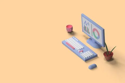 3d render tabletop computer with graphs and a cup of coffee and a plant Stock Illustration