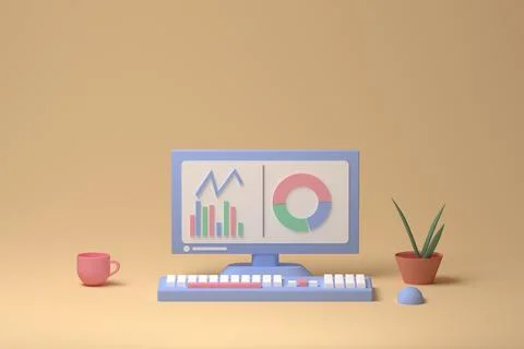 3d render tabletop computer with graphs and a cup of coffee and a plant Stock Illustration