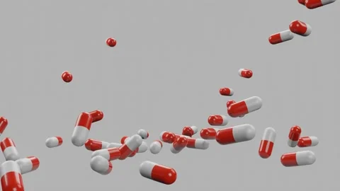 3D render. tablets in capsules of red and white color fall overnight. health con Video stock 163771209