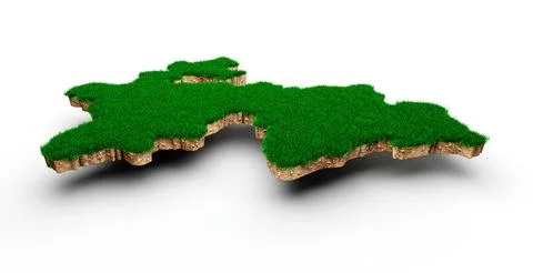 3D render of Tajikistan Map soil land geology cross section with green grass and Stock Illustration