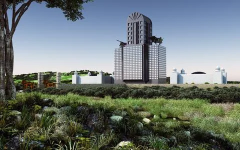 A 3D render of tall skyscrapers under a clear sky in a futuristic settlement  Stock Illustration