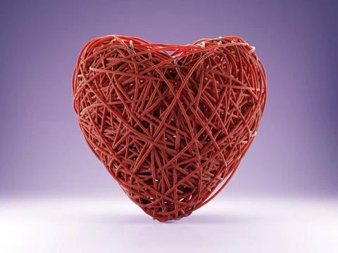 3D render of tangled red string heart on light purple background 3D render... Foto stock