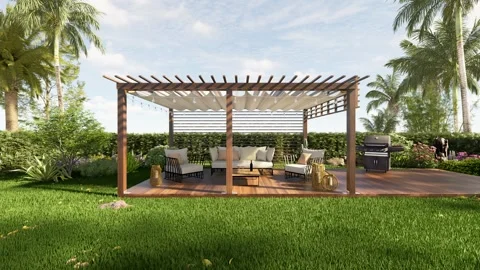 3D render of a teak wood backyard Garden pergola zoom in Stock Footage 276373871